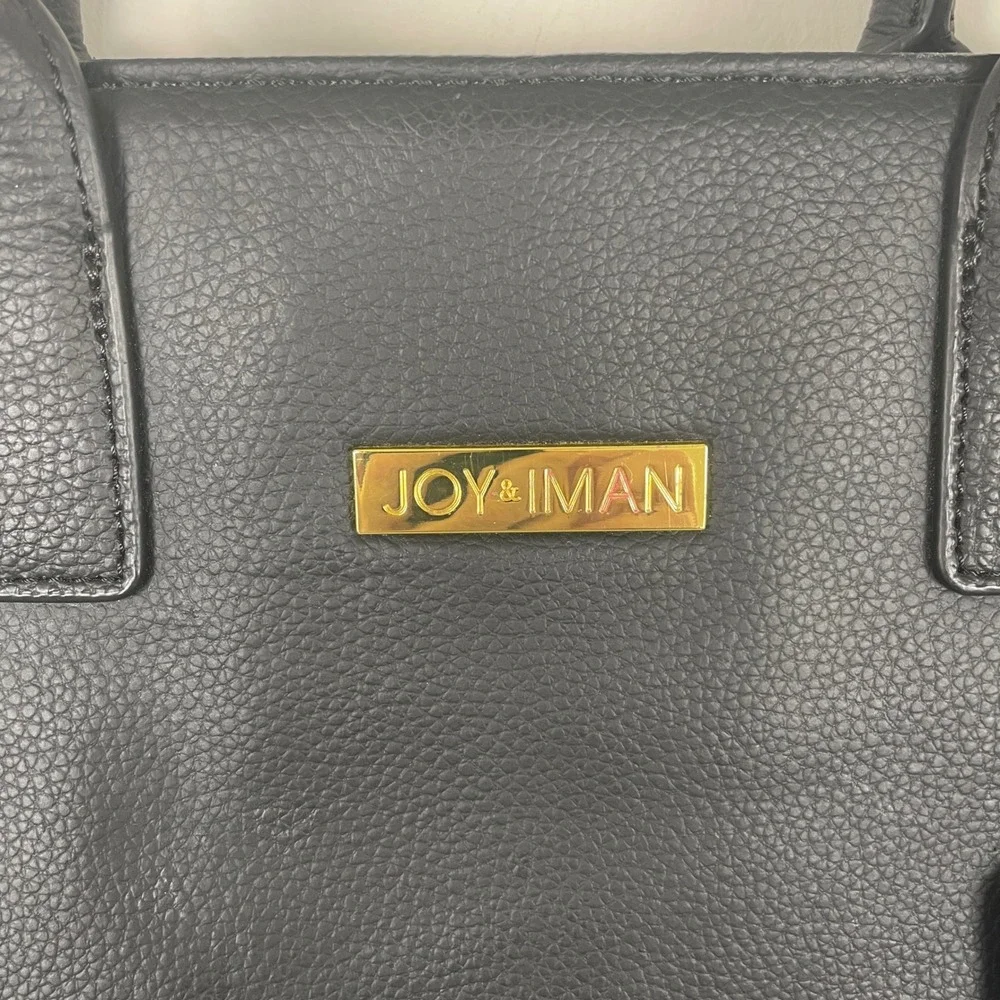JOY & IMAN Black Textured Leather Tote Bag with Gold Accents and‎ Charm Watch